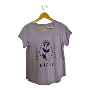 Lucky Brand Women Purple Tee T-shirt Rose Flocked Graphic Scoop Neck Sz S Boho